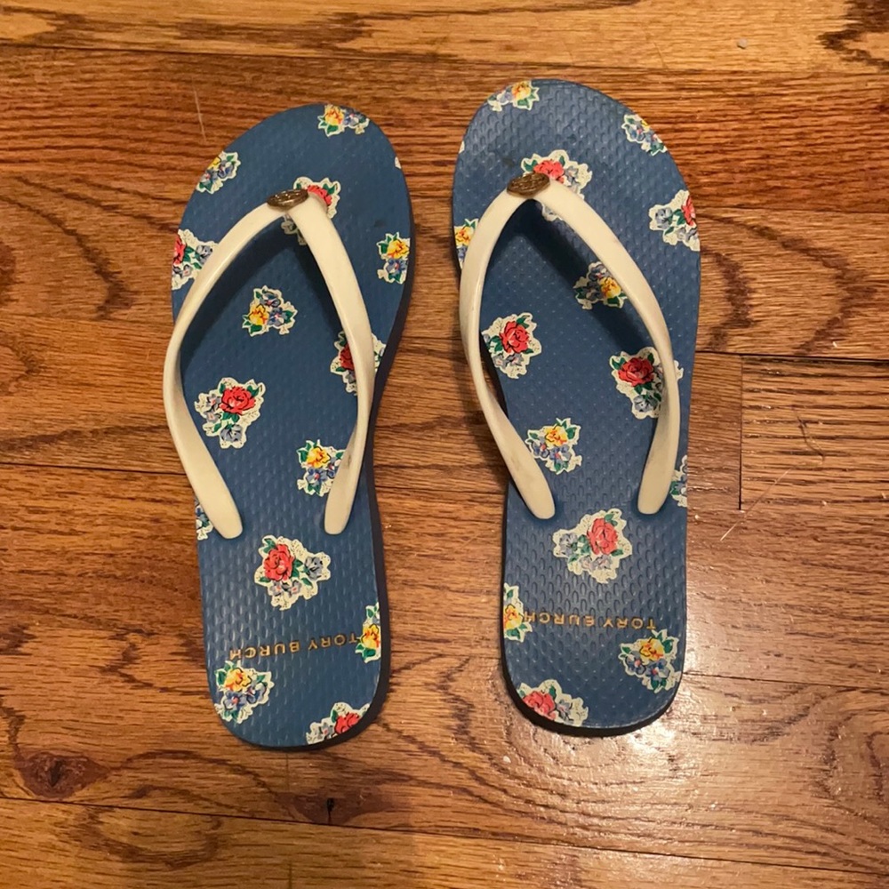 Tory Burch blue floral flip flops